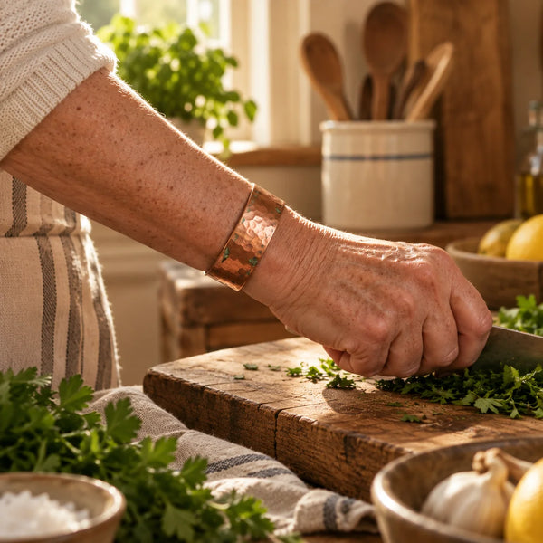 Hand wearing a copper cuff while cooking