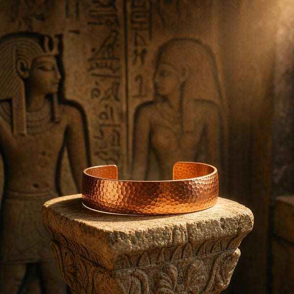 Hammered copper cuff resting on carved stone